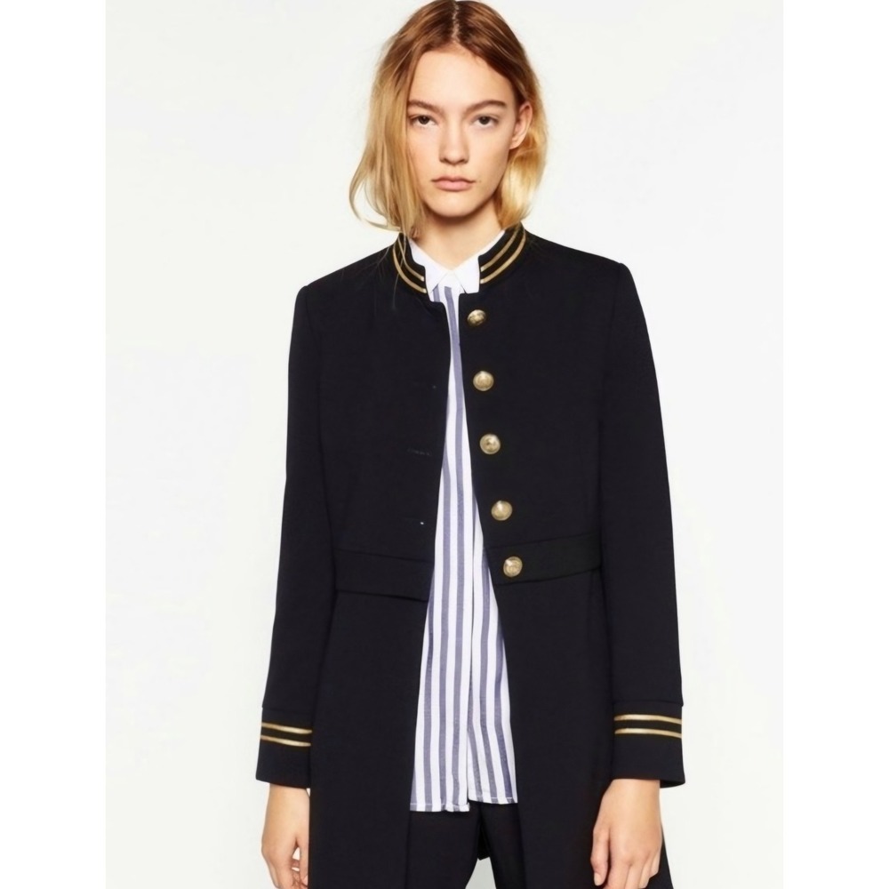 Zara Women Military Band Frock Coat XS Gold Button Trim Dark Academia Navy